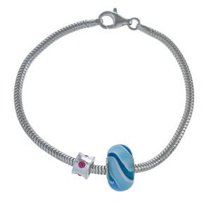 Vintage Italy IBB Sterling Silver 925 Blue Glass Pink Charm Bracelet 7.5"
